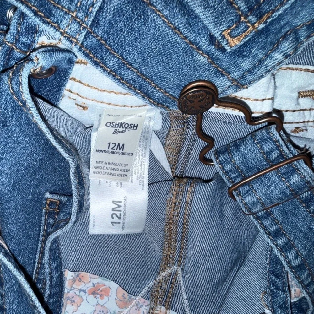 OshKosh B'gosh Girls Denim Bib Overalls Floral Trim Medium Wash 12M Adjustable